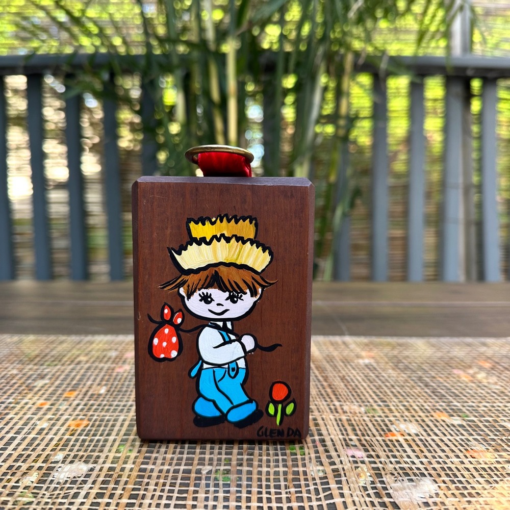 Vintage Glenda‎ Signed Hand Painted Wood Wall Plaque Hobo Boy Bindle Folk Art